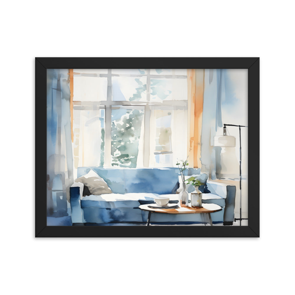 Framed Print Artwork Water Color Style Home Decor Large Windows Sun Lit Room Light Cool Colors Water Color Style Interior Design Lifestyle Framed Poster 11x14"