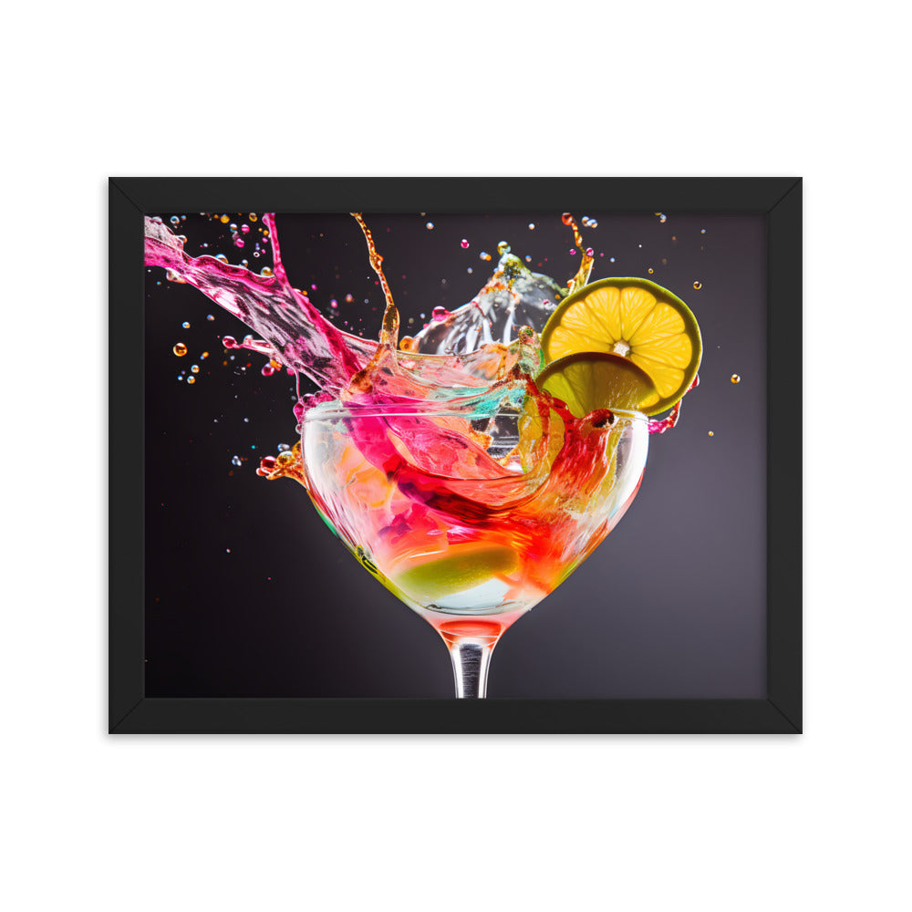 Framed Print Artwork Bright Colorful Cocktail Splashing Out Of The Glass Framed Poster Painting Alcohol Art 11x14"