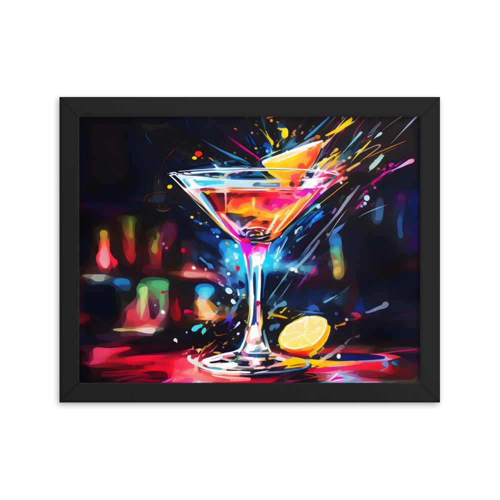 Framed Print Artwork Bar/Night Life Art Bright Neon Splashes Surrounding A Martini Glass Full Of Alcohol Framed Poster Painting Alcohol Art Iced Drink Close Up 11x14"