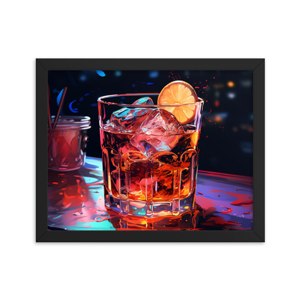 Framed Print Artwork Alcohol And Night Life Bar Art Alcoholic Drink With Ice And Lemon Slice Framed Poster Neon Light Bar Artwork 11x14"