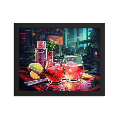 Framed Print Artwork Japanese Manga Style Alcohol And Night Life Bar Art Alcoholic Drink With Ice And Lemon Slice Framed Poster Neon Light Bar Artwork Urban Setting Lifestyle 11x14"