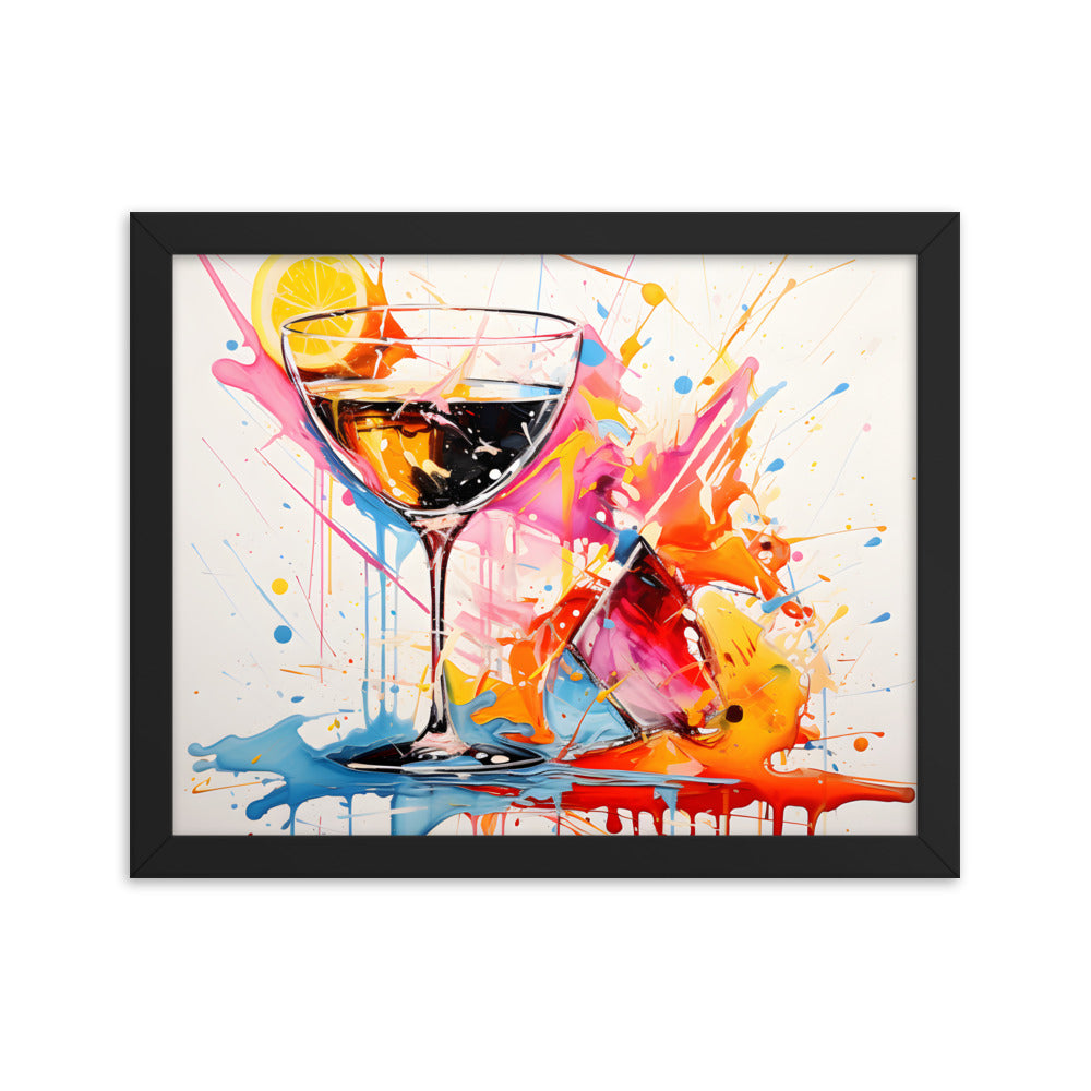 Framed Print Artwork Bright Colorful Cocktail Splashing Out Of The Glass Lemon Slices Lining Champagne Glass Vibrant Bright Drink Inside Glass White Background Attention Grabbing Art Piece Framed Poster Painting Alcohol Art 11x14"