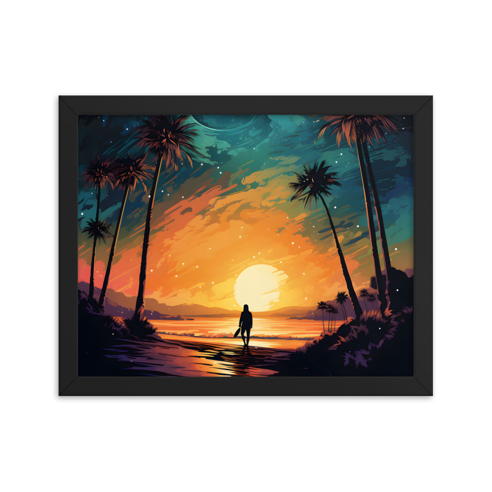 Framed Print Lifestyle/Ocean Side Artwork Smooth Ocean Water Dark Sunset Palm Tree Silhouettes Line The Pathway Large Sun Setting In Line With Perspective Moon Lit Star Filled Night Sky Framed Poster Artwork 11x14"