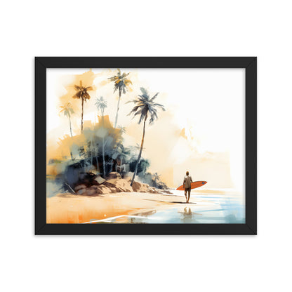 Framed Print Artwork Beach Ocean Surfing Art Surfer Walking Up The Beach Holding Surfboard Palm Trees Sets The Tone Framed Poster Artwork 11x14"