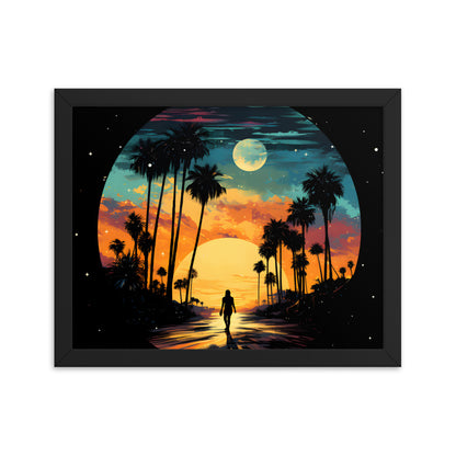 Framed Print Lifestyle/Ocean Side Artwork Dark Sunset Palm Tree Silhouettes Line The Pathway Large Sun Setting In Line With Perspective Moon Lit Star Filled Night Sky Framed Print Artwork 11x14