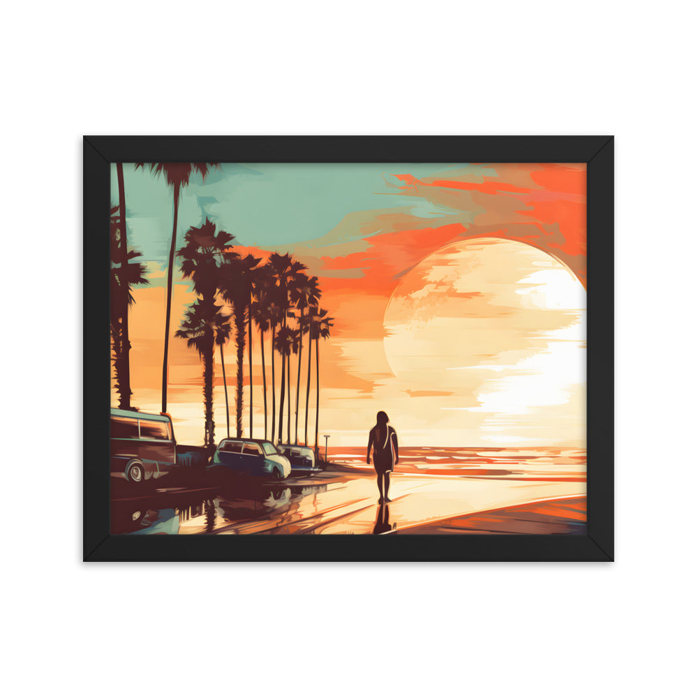 Framed Print artwork sunset watercolor oceanside framed painting Warm Colors Vintage Cars And A Large Sun Setting Into The Horizon Framed Print Artwork 11x14"