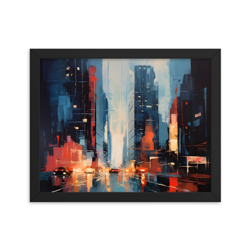 Framed Print Abstract Urban Mystique Dense City Art Cars Driving Through City Conversation Starter Framed Poster Busy City Streets People Walking Through A City With Large Buildings 11x14"