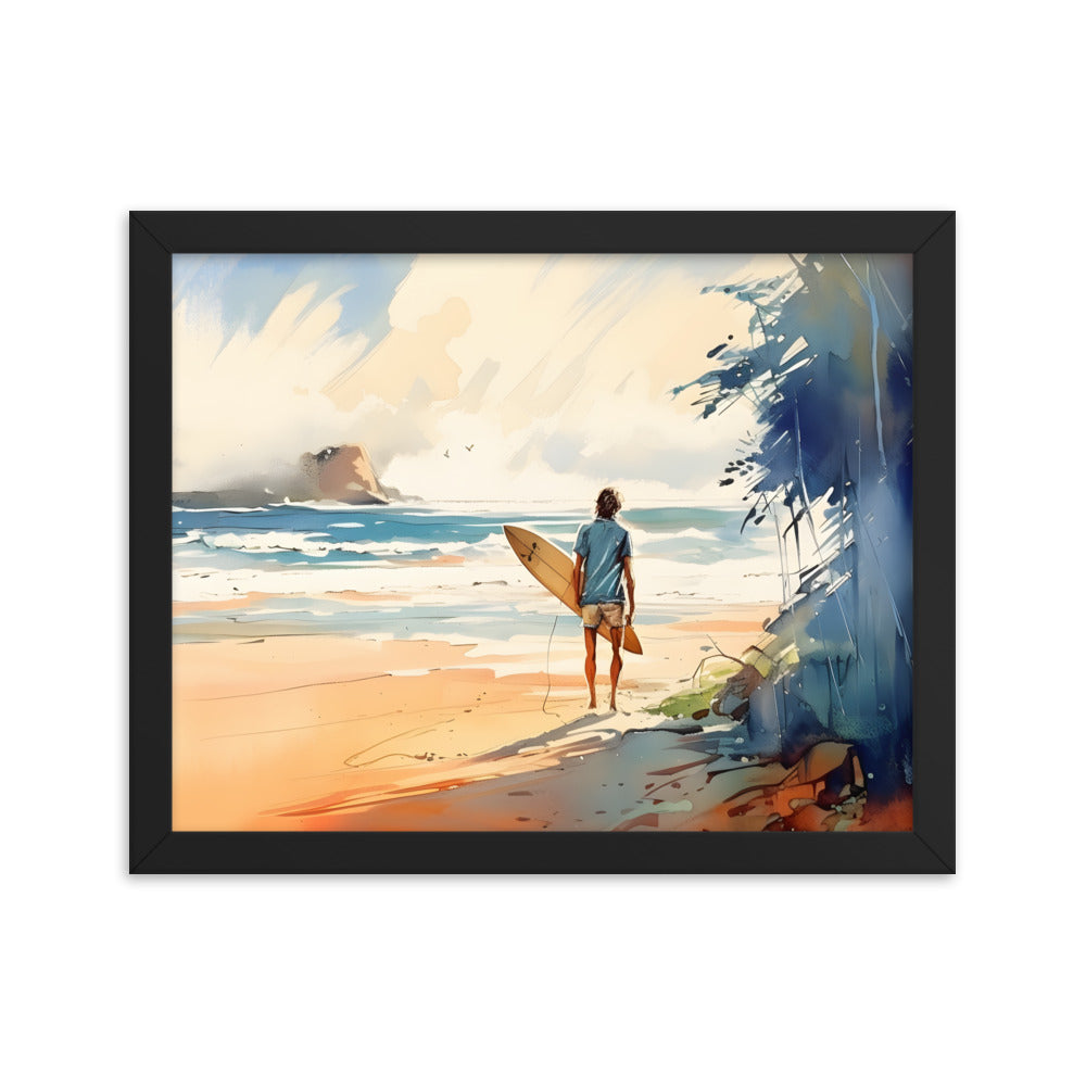 Framed Poster Beach Ocean Lifestyle Watercolor Style Painting Framed Artwork Print Surfer Looking Out For the Perfect Spot 11x14 inch horizontal