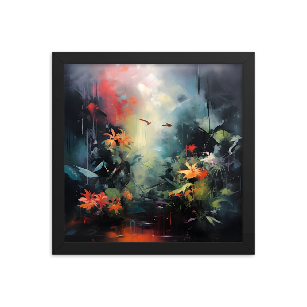Framed Print Abstract Artwork Bright Vibrant Colorful Jungle Scene Moody Dense Abstract Art Framed Poster 12x12"