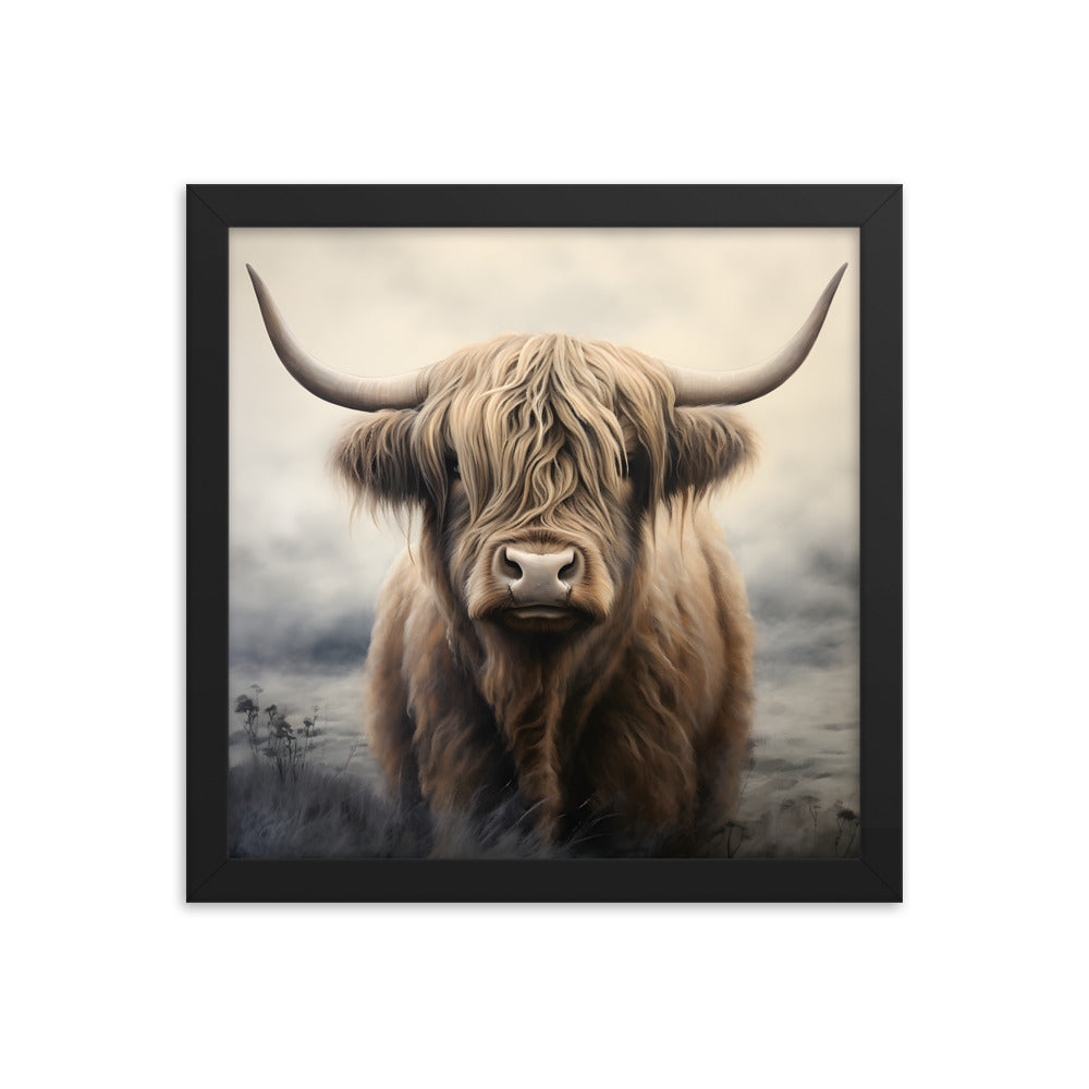 Framed Artwork Strong Stunning Highlander Bull Sunlit Staring Into The Viewer Captivating Painting Style