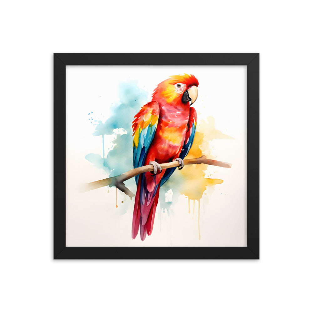 Framed Print Poster Artwork Bright Red Parrot With Rainbow Wings Perched On A Tree Branch Nature Influenced Water Color Painting Style 12x12"