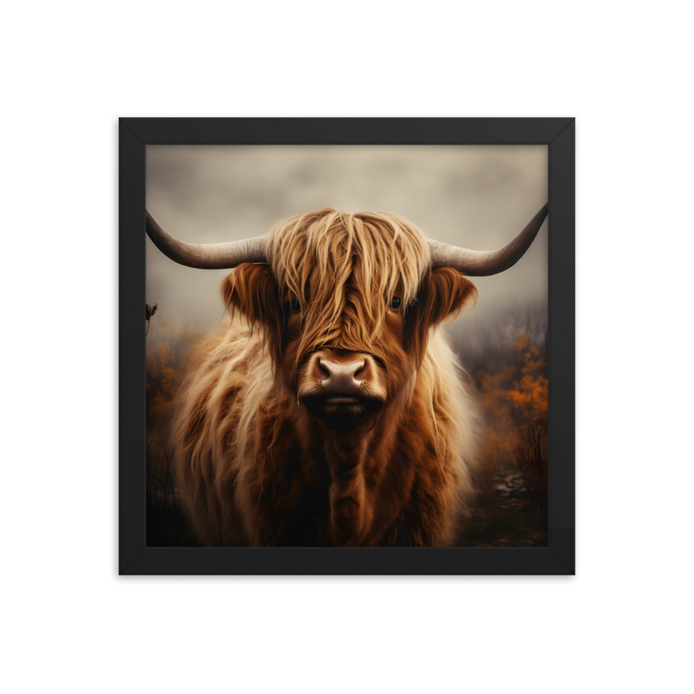 Framed Print Artwork Strong Stunning Dull Dark Gloomy Fierce Fire Highlander Bull Warm Fiery Background Emotional Staring Into The Viewer Captivating Highly Detailed Painting Style Perfect To Warm Up A Homestead Or Country Home Framed Poster 12x12"