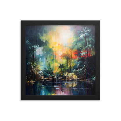 Framed Print Abstract Artwork Bright Vibrant Colorful Rainbow Jungle Behind A Pond Oil Painting Style Abstract Art Framed Poster Nature 12x12"