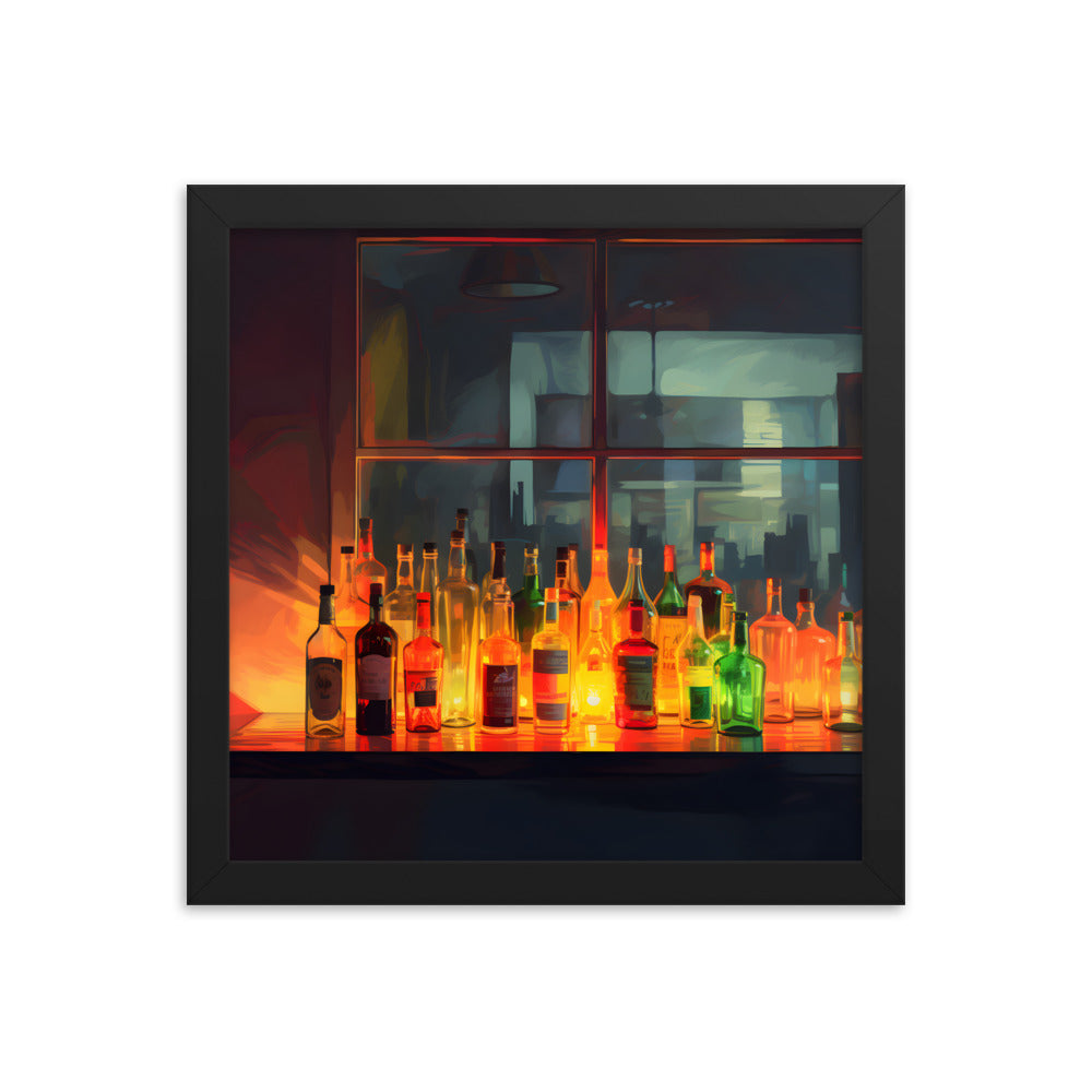 Framed Print Artwork Alcohol Bar Night Life Vibrant Colorful Well Lit Bar With Alcohol Bottles Lined Up Party Drinking Lifestyle Framed Poster 12x12"
