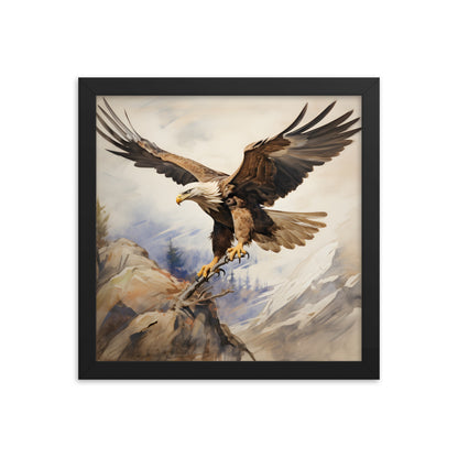 Framed Artwork Strong Soaring Bald Eagle Snowy Mountains Detailed Painting 12x12"