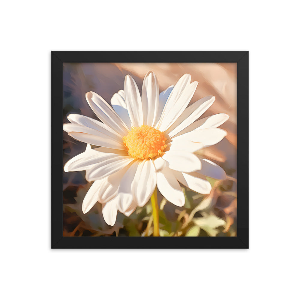 Framed Nature Inspired Artwork Stunning Sunlit Daisy Blooming Oil Painting Style 12x12"