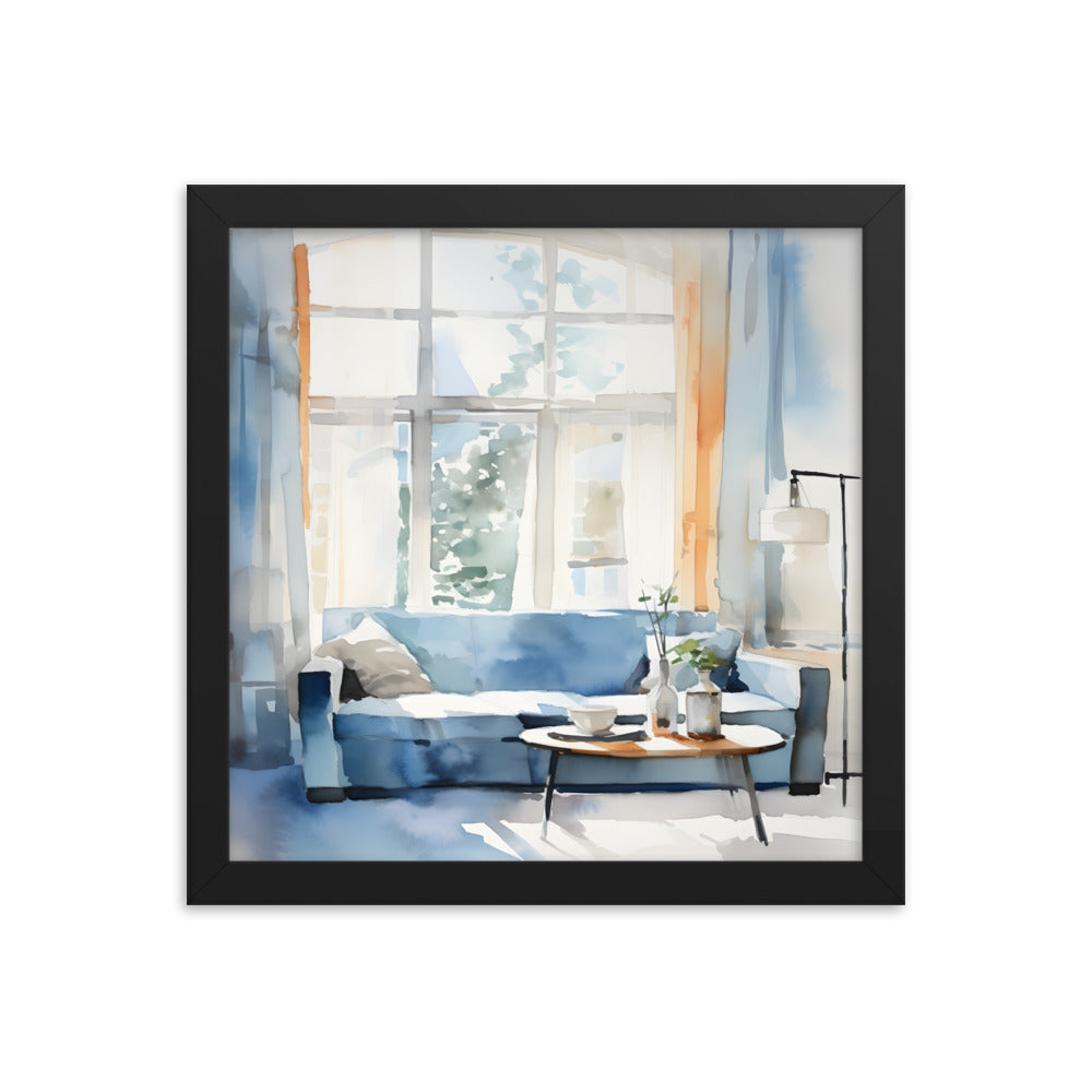Framed Print Artwork Water Color Style Home Decor Large Windows Sun Lit Room Light Cool Colors Water Color Style Interior Design Lifestyle Framed Poster 12x12"