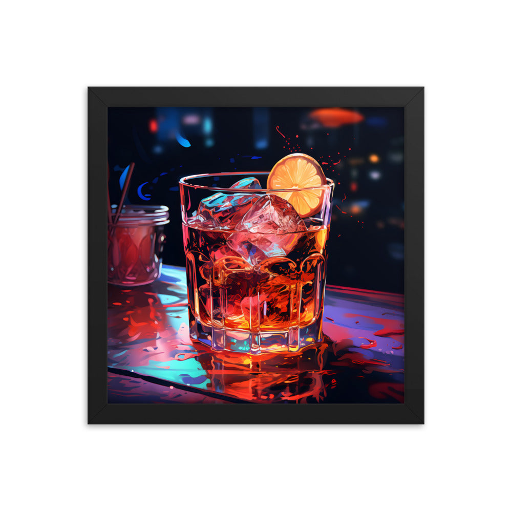 Framed Print Artwork Alcohol And Night Life Bar Art Alcoholic Drink With Ice And Lemon Slice Framed Poster Neon Light Bar Artwork 12x12"