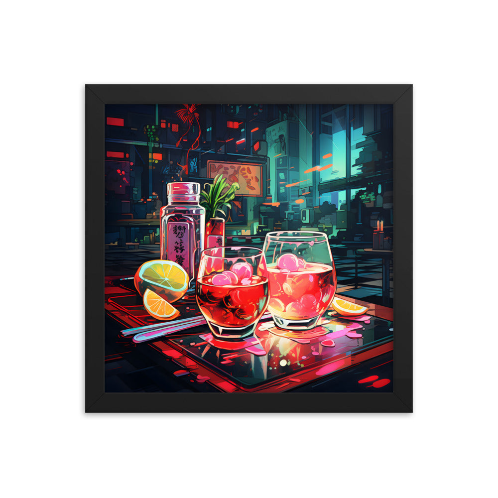 Framed Print Artwork Japanese Manga Style Alcohol And Night Life Bar Art Alcoholic Drink With Ice And Lemon Slice Framed Poster Neon Light Bar Artwork Urban Setting Lifestyle 12x12"