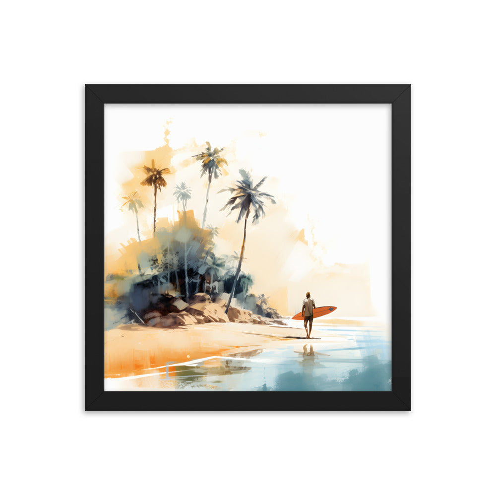 Framed Print Artwork Beach Ocean Surfing Art Surfer Walking Up The Beach Holding Surfboard Palm Trees Sets The Tone Framed Poster Artwork 12x12"