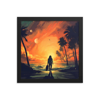 Framed Print Artwork Beach Ocean Surfing Warm Suns Set Art Surfer Walking Down To The Beach Holding Surfboard Palm Tree Silhouettes Sets The Tone Framed Poster Artwork 12x12"