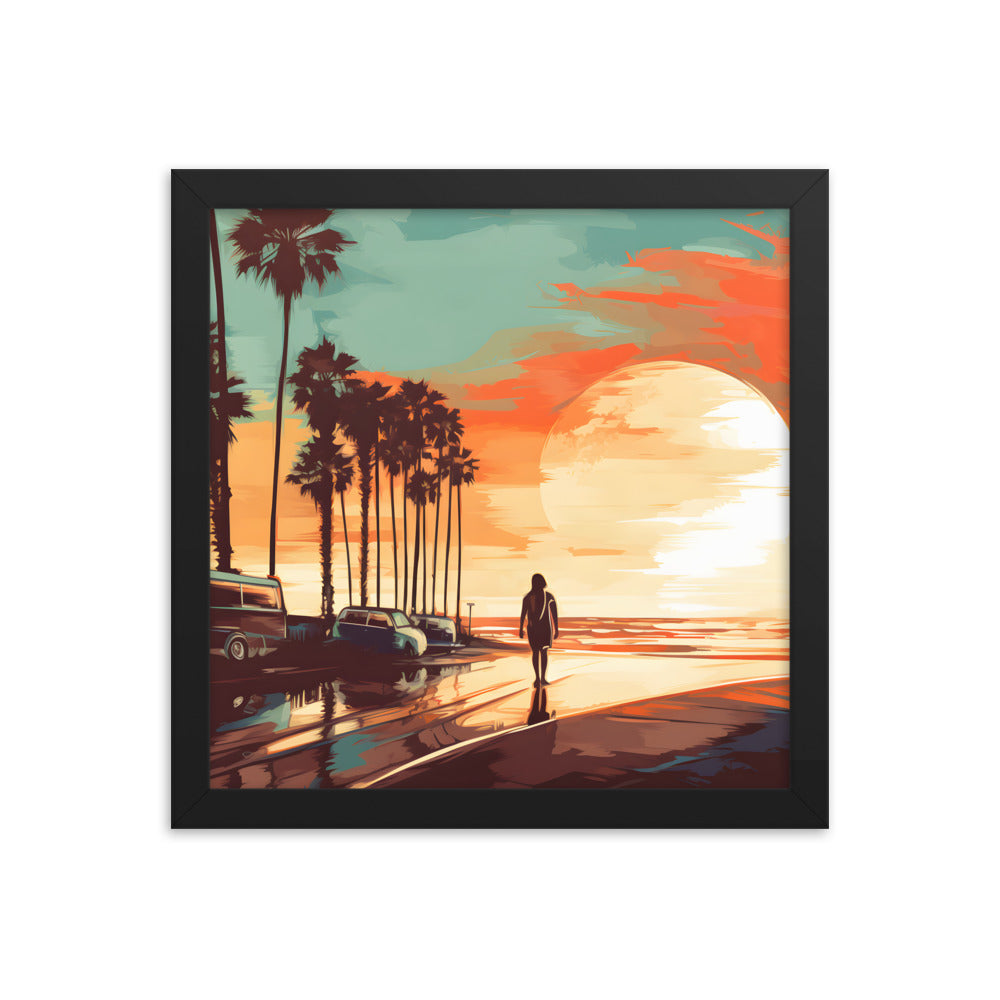 Framed Print artwork sunset watercolor oceanside framed painting Warm Colors Vintage Cars And A Large Sun Setting Into The Horizon Framed Print Artwork 12x12"