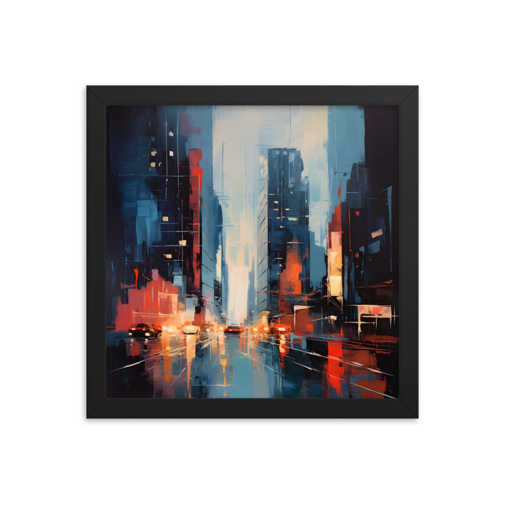 Framed Print Abstract Urban Mystique Dense City Art Cars Driving Through City Conversation Starter Framed Poster Busy City Streets People Walking Through A City With Large Buildings 12x12"