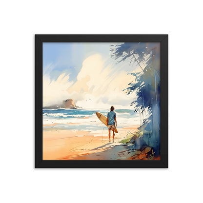 Framed Poster Beach Ocean Lifestyle Watercolor Style Painting Framed Artwork Print Surfer Looking Out For the Perfect Spot 12x12 inch Square