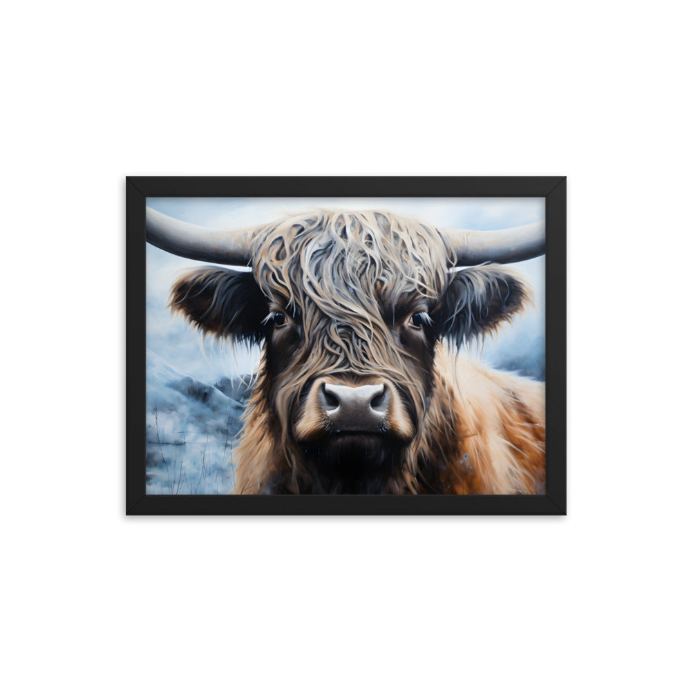 Framed Print Poster Artwork Strong Stunning Highlander Bull Emotional Staring Into The Viewer Captivating Highly Detailed Painting Style 12x16"