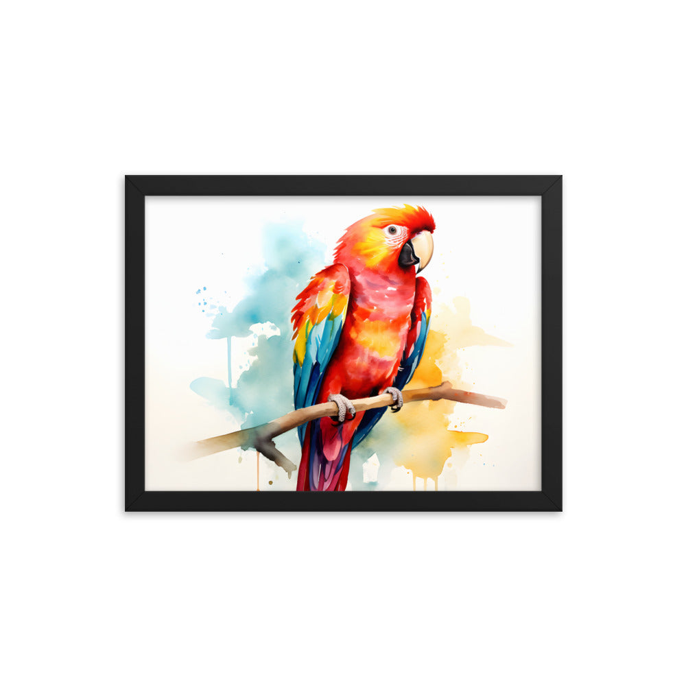 Framed Print Poster Artwork Bright Red Parrot With Rainbow Wings Perched On A Tree Branch Nature Influenced Water Color Painting Style 12x16"