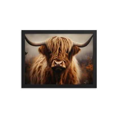 Framed Print Artwork Strong Stunning Dull Dark Gloomy Fierce Fire Highlander Bull Warm Fiery Background Emotional Staring Into The Viewer Captivating Highly Detailed Painting Style Perfect To Warm Up A Homestead Or Country Home Framed Poster 12x16"