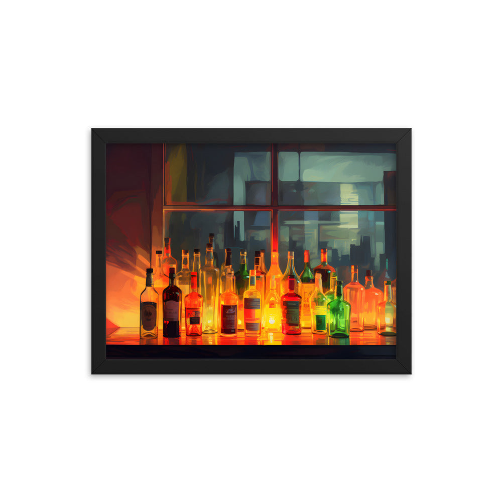 Framed Print Artwork Alcohol Bar Night Life Vibrant Colorful Well Lit Bar With Alcohol Bottles Lined Up Party Drinking Lifestyle Framed Poster 12x16"