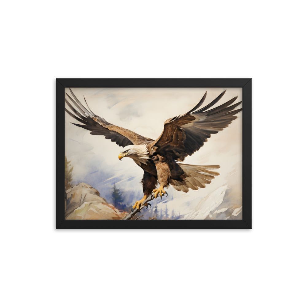 Framed Artwork Strong Soaring Bald Eagle Snowy Mountains Detailed Painting 12x16"