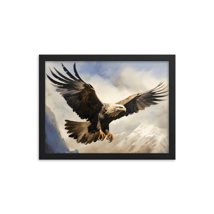 Framed Artwork Print Strong Soaring Bald Eagle Snowy Mountains Detailed Painting, Large Wing Span Mid Flight Ready To Swoop 12x16"