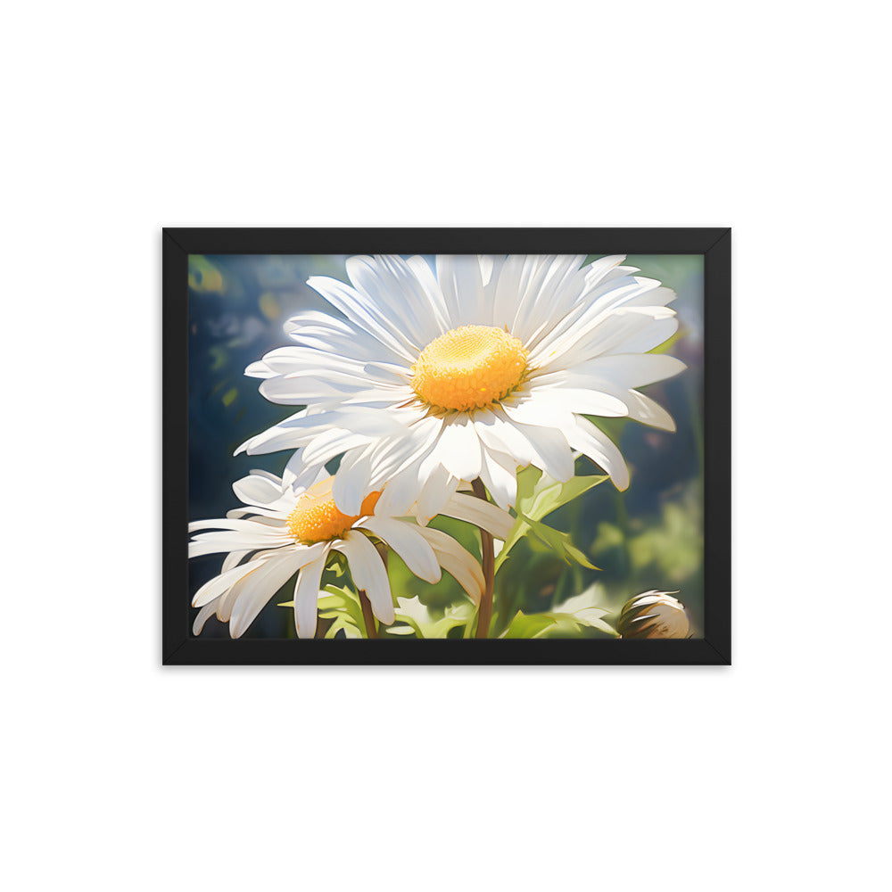 Framed Print Double Daisy Realistic Oil Painting Nature Inspired Artwork Stunning Sunlit Twin Daisy Blooming Oil Painting Style 12x16"