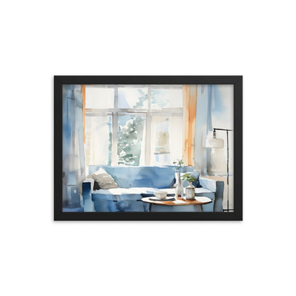 Framed Print Artwork Water Color Style Home Decor Large Windows Sun Lit Room Light Cool Colors Water Color Style Interior Design Lifestyle Framed Poster 12x16"
