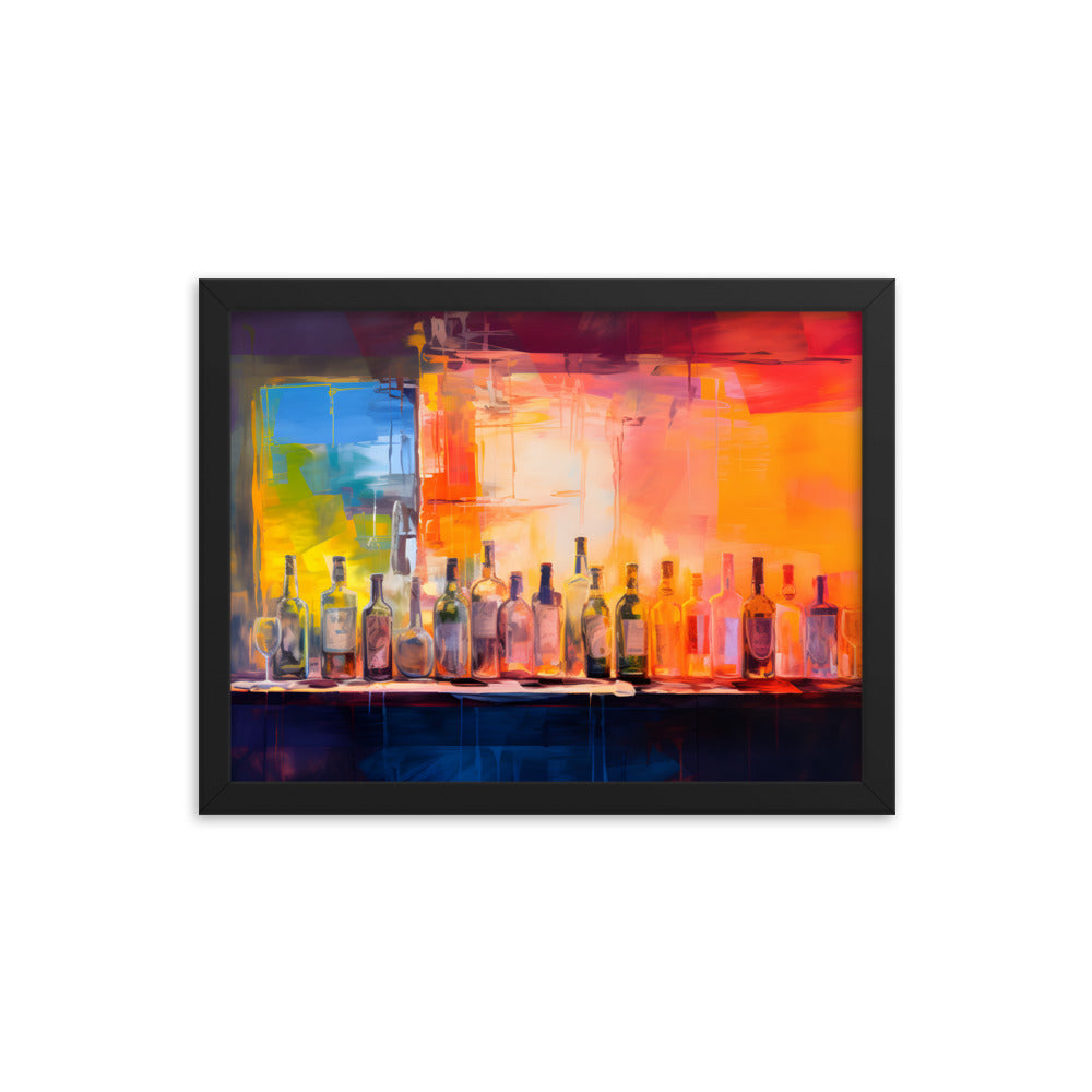 Framed Print Artwork Alcohol Bar Filled With Bottles Of Alcohol Night Life Vibrant Oil Painting Style Colorful Party Drinking Lifestyle Framed Poster 12x16"