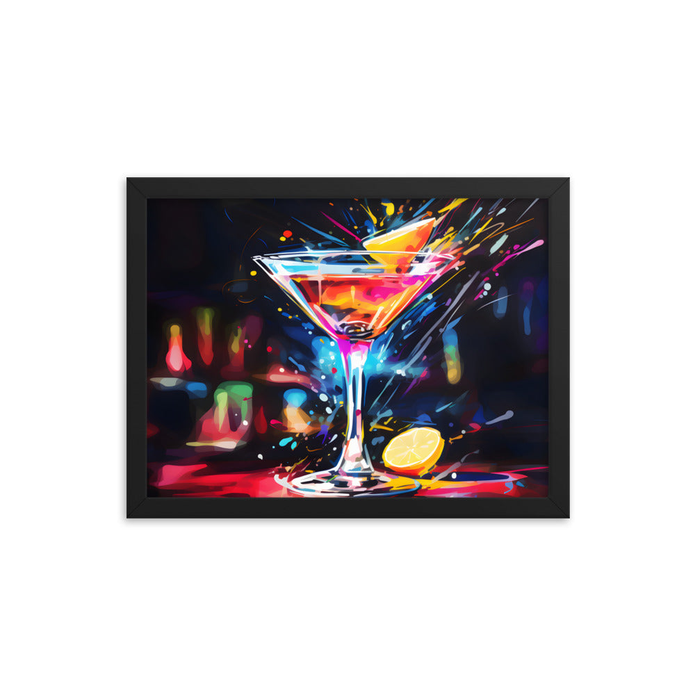 Framed Print Artwork Bar/Night Life Art Bright Neon Splashes Surrounding A Martini Glass Full Of Alcohol Framed Poster Painting Alcohol Art Iced Drink Close Up 12x16"