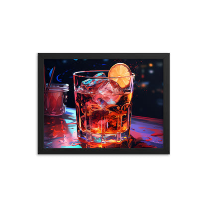 Framed Print Artwork Alcohol And Night Life Bar Art Alcoholic Drink With Ice And Lemon Slice Framed Poster Neon Light Bar Artwork 12x16"