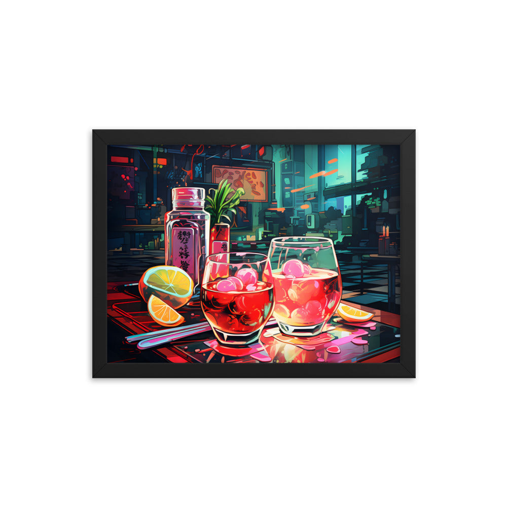 Framed Print Artwork Japanese Manga Style Alcohol And Night Life Bar Art Alcoholic Drink With Ice And Lemon Slice Framed Poster Neon Light Bar Artwork Urban Setting Lifestyle 12x16"