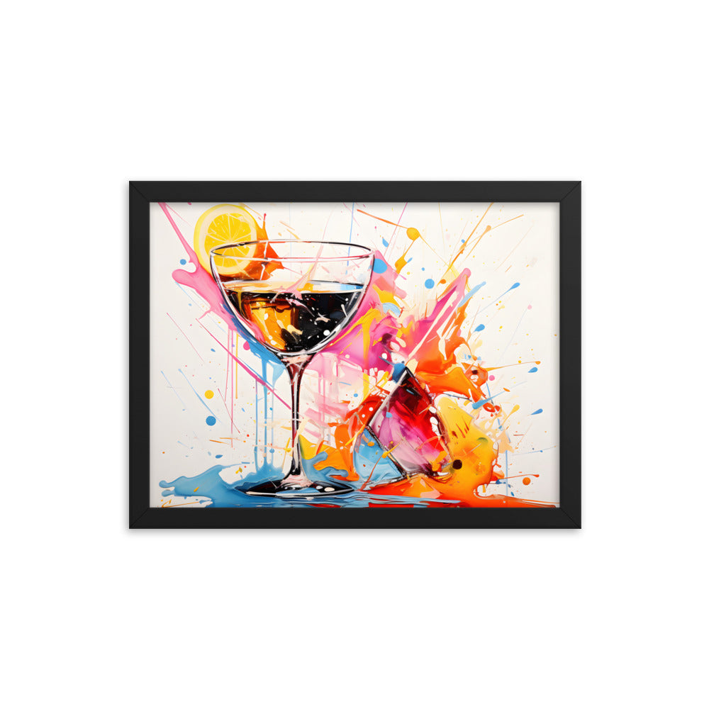 Framed Print Artwork Bright Colorful Cocktail Splashing Out Of The Glass Lemon Slices Lining Champagne Glass Vibrant Bright Drink Inside Glass White Background Attention Grabbing Art Piece Framed Poster Painting Alcohol Art 12x16"