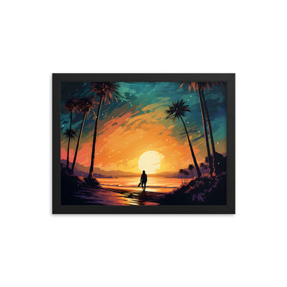 Framed Print Lifestyle/Ocean Side Artwork Smooth Ocean Water Dark Sunset Palm Tree Silhouettes Line The Pathway Large Sun Setting In Line With Perspective Moon Lit Star Filled Night Sky Framed Poster Artwork 12x16"