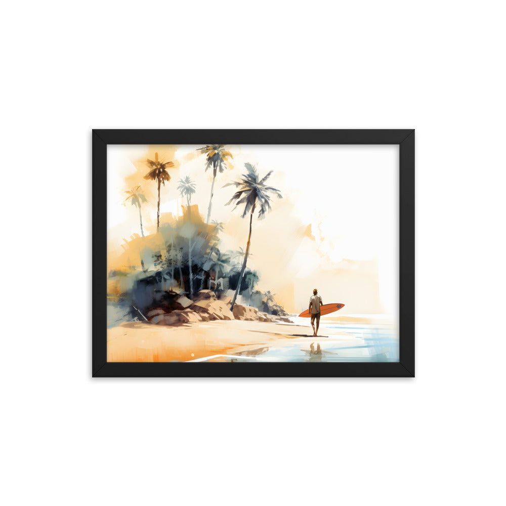 Framed Print Artwork Beach Ocean Surfing Art Surfer Walking Up The Beach Holding Surfboard Palm Trees Sets The Tone Framed Poster Artwork 12x16"