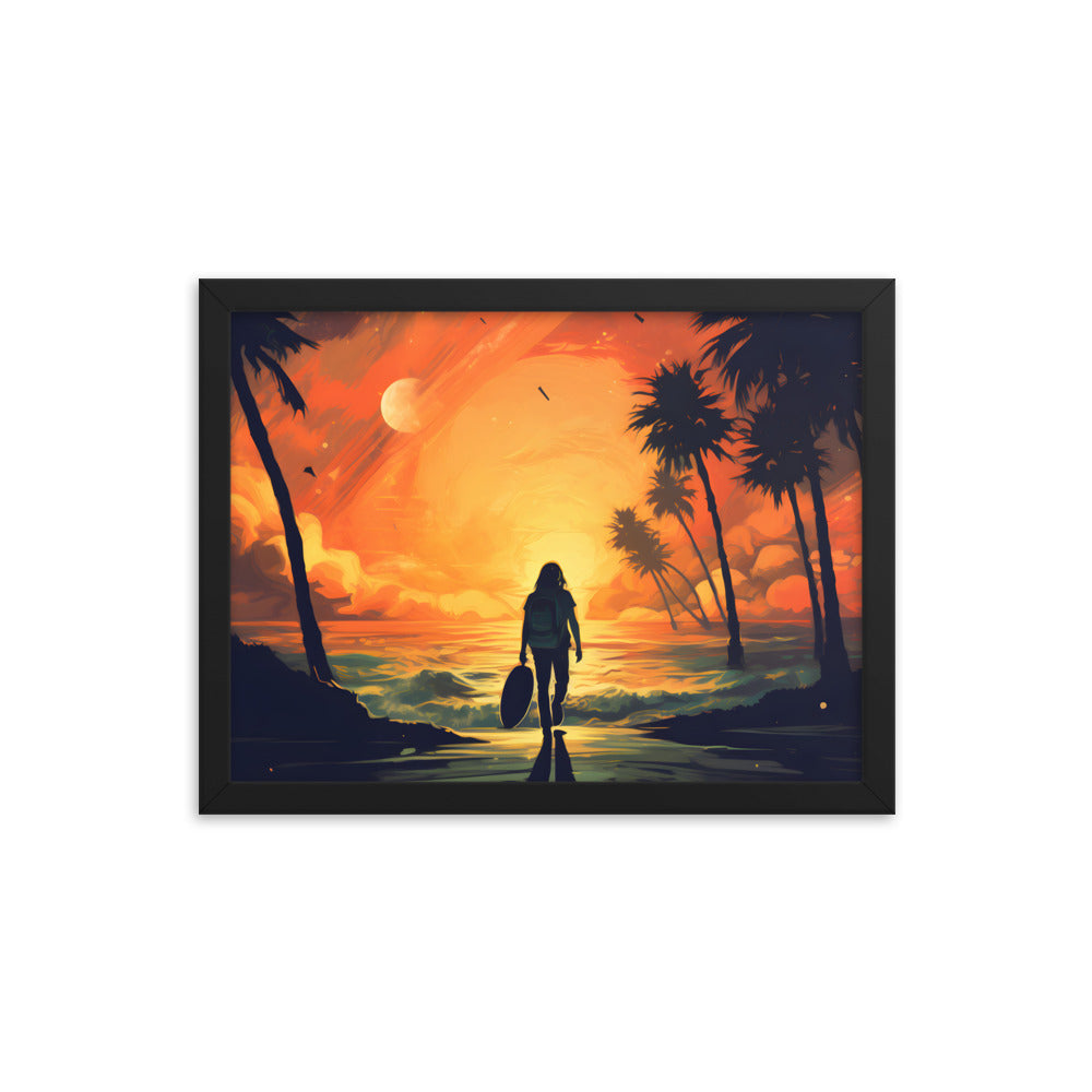 Framed Print Artwork Beach Ocean Surfing Warm Suns Set Art Surfer Walking Down To The Beach Holding Surfboard Palm Tree Silhouettes Sets The Tone Framed Poster Artwork 12x16"