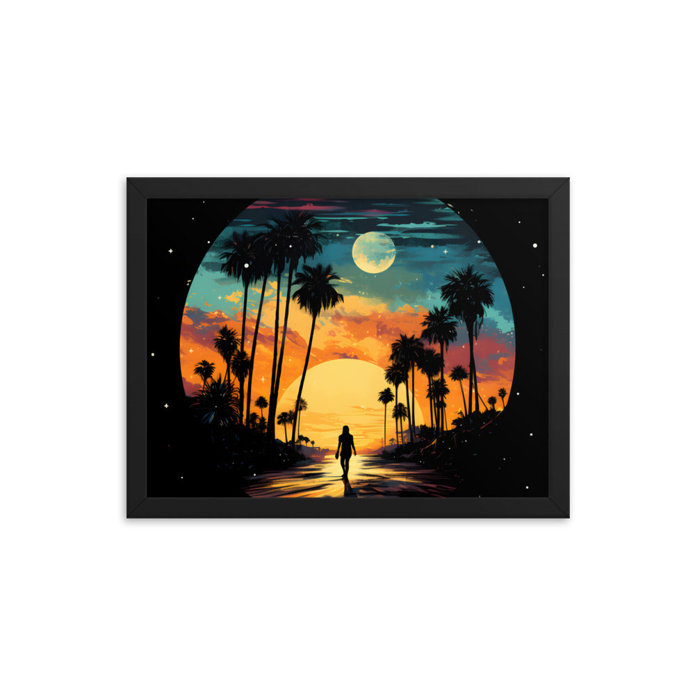 Framed Print Lifestyle/Ocean Side Artwork Dark Sunset Palm Tree Silhouettes Line The Pathway Large Sun Setting In Line With Perspective Moon Lit Star Filled Night Sky Framed Print Artwork 12x16"