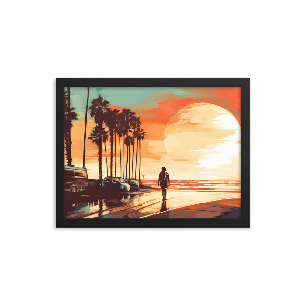 Framed Print artwork sunset watercolor oceanside framed painting Warm Colors Vintage Cars And A Large Sun Setting Into The Horizon Framed Print Artwork 12x16"