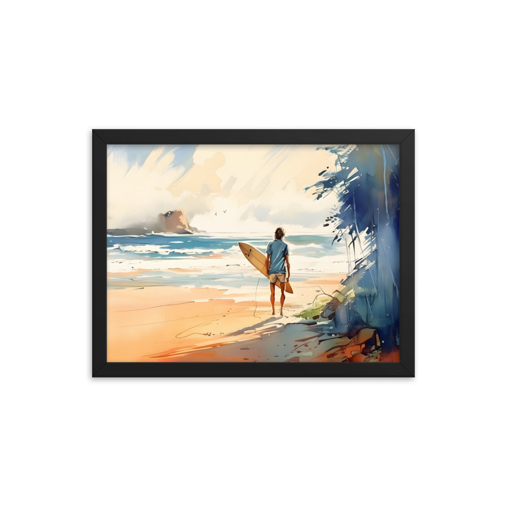 Framed Poster Beach Ocean Lifestyle Watercolor Style Painting Framed Artwork Print Surfer Looking Out For the Perfect Spot 12x16 inch horizontal