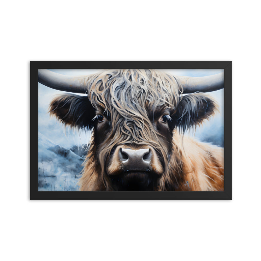 Framed Print Poster Artwork Strong Stunning Highlander Bull Emotional Staring Into The Viewer Captivating Highly Detailed Painting Style 12x18"