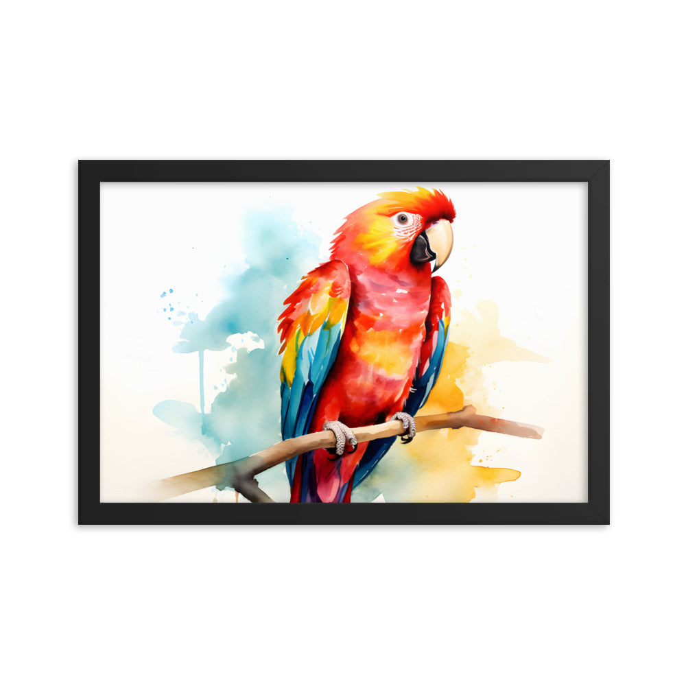 Framed Print Poster Artwork Bright Red Parrot With Rainbow Wings Perched On A Tree Branch Nature Influenced Water Color Painting Style 12x18"