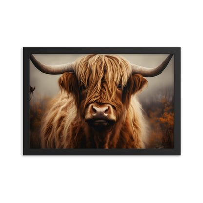 Framed Print Artwork Strong Stunning Dull Dark Gloomy Fierce Fire Highlander Bull Warm Fiery Background Emotional Staring Into The Viewer Captivating Highly Detailed Painting Style Perfect To Warm Up A Homestead Or Country Home Framed Poster 12x18"
